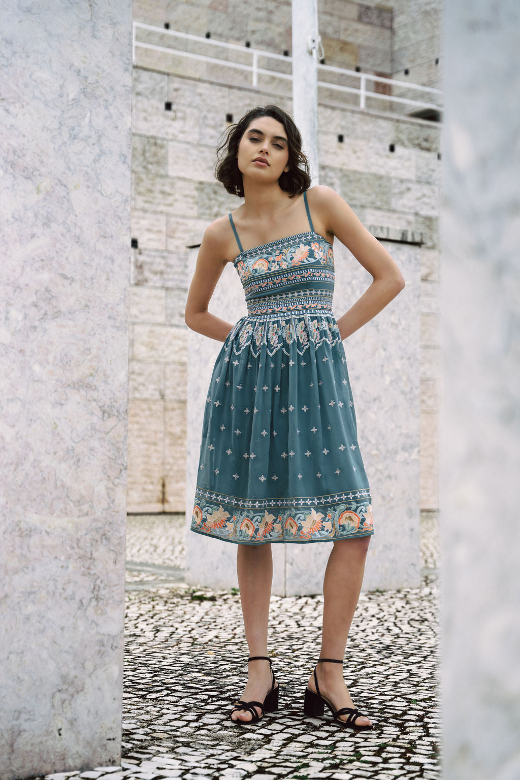 Dusty Blue embroidered dress with flared skirt and straps