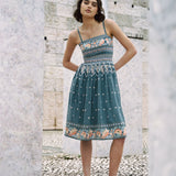 Dusty Blue embroidered dress with flared skirt and straps