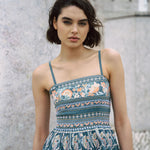 Dusty Blue embroidered dress with flared skirt and straps