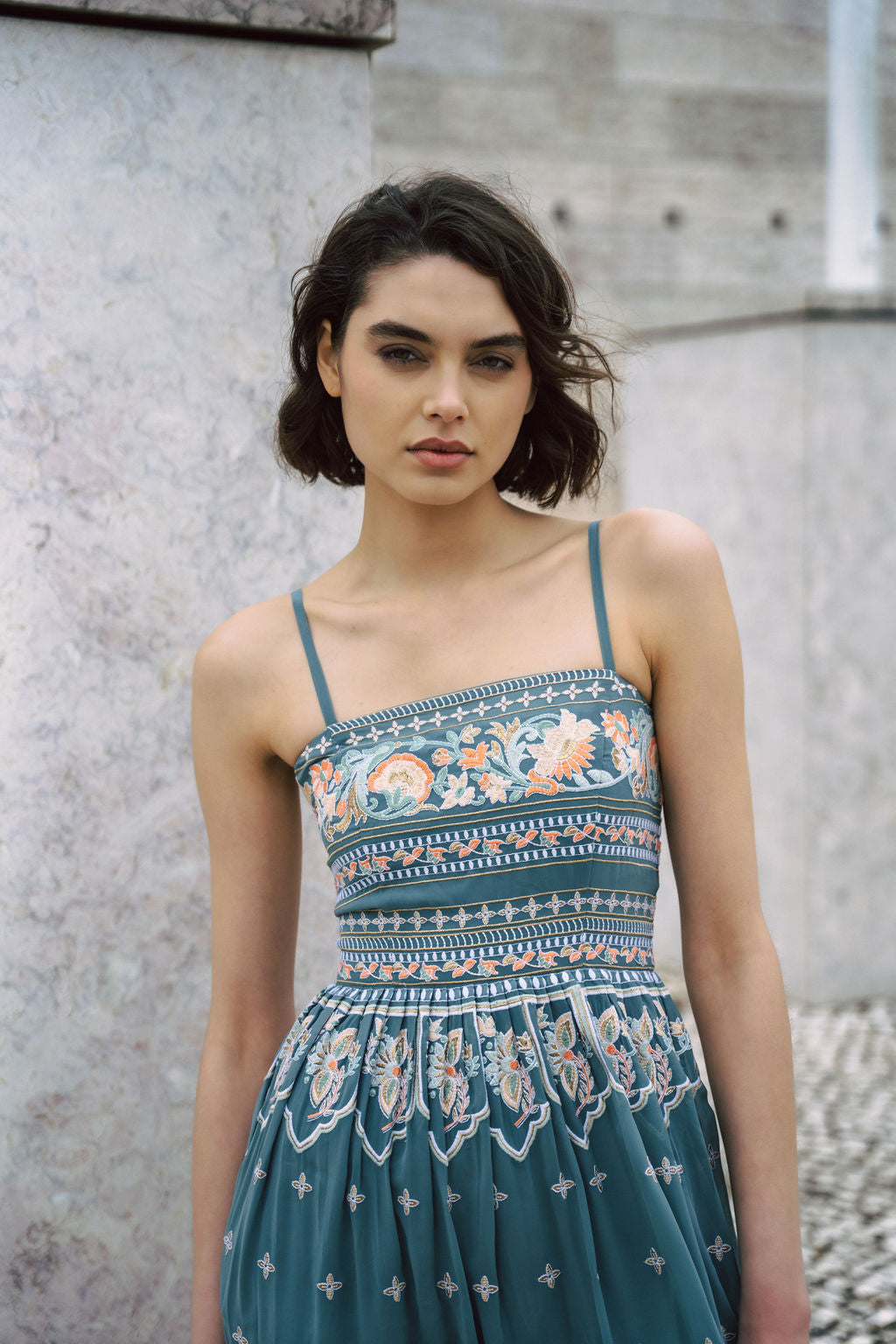 Dusty Blue embroidered dress with flared skirt and straps