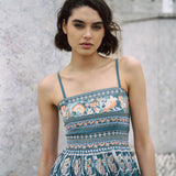 Dusty Blue embroidered dress with flared skirt and straps