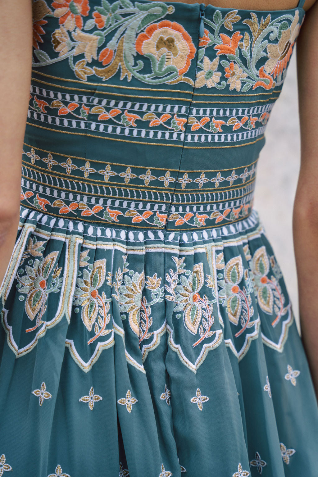 Dusty Blue embroidered dress with flared skirt and straps