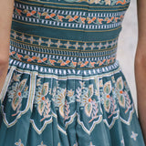 Dusty Blue embroidered dress with flared skirt and straps