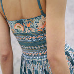 Dusty Blue embroidered dress with flared skirt and indian inspired embrodiery design