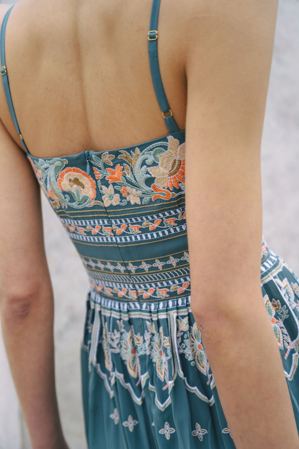 Dusty Blue embroidered dress with flared skirt and indian inspired embrodiery design