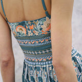 Dusty Blue embroidered dress with flared skirt and indian inspired embrodiery design