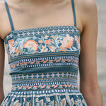Dusty Blue embroidered dress with flared skirt and straps