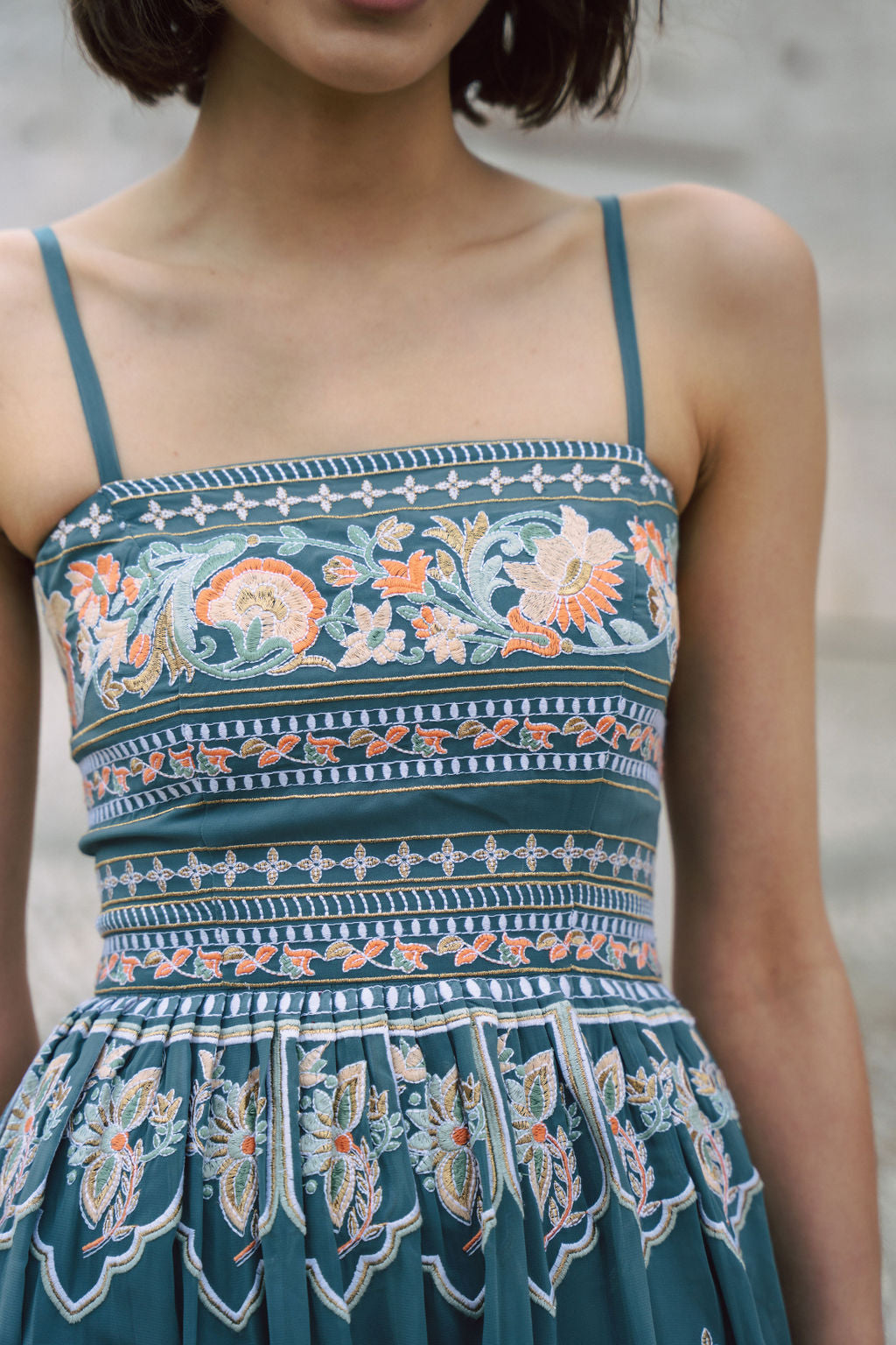 Dusty Blue embroidered dress with flared skirt and straps