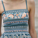 Dusty Blue embroidered dress with flared skirt and straps