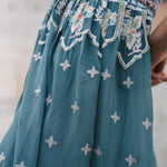 Dusty Blue embroidered dress with flared skirt and indian inspired embrodiery design