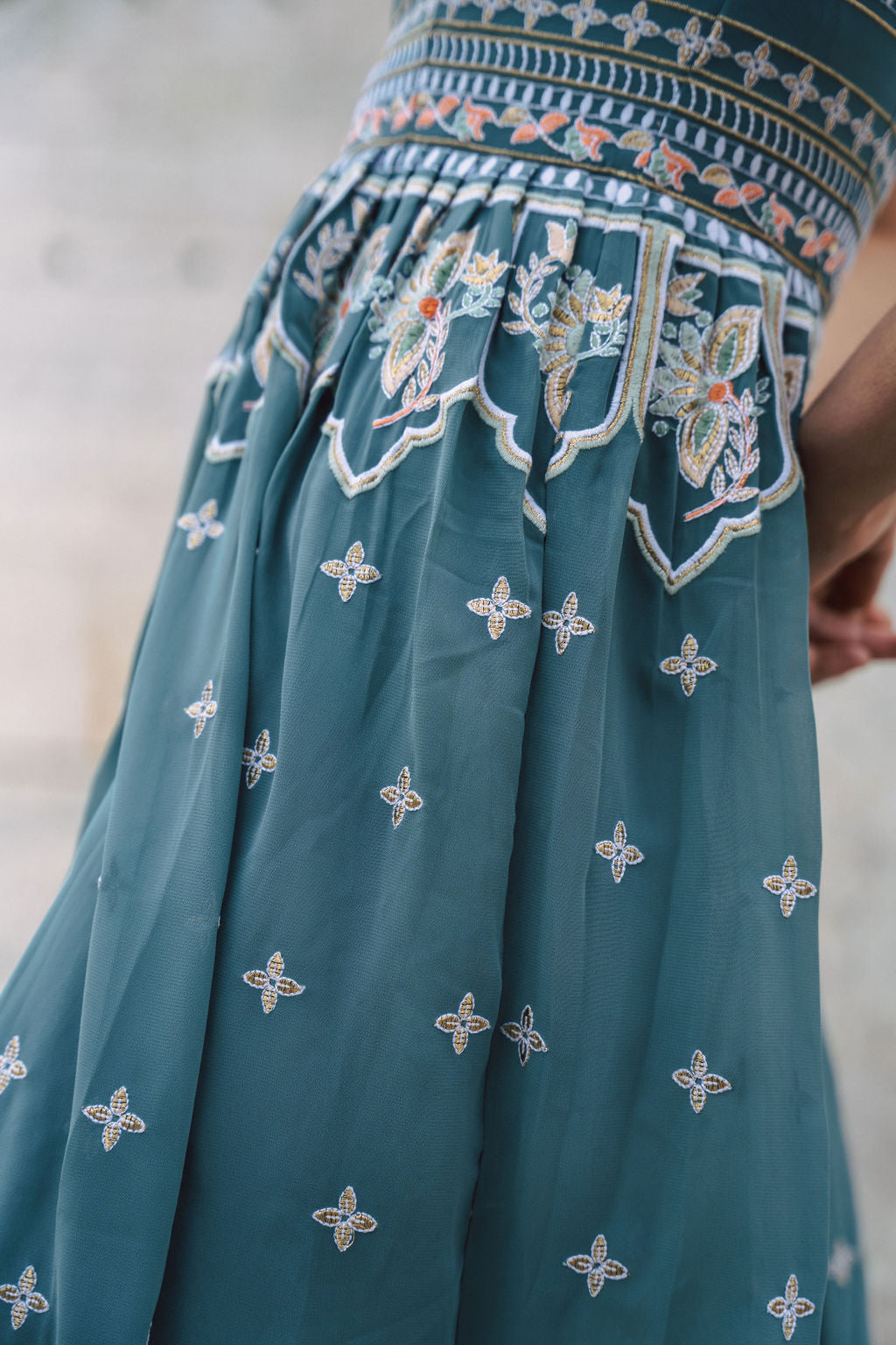 Dusty Blue embroidered dress with flared skirt and indian inspired embrodiery design