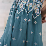 Dusty Blue embroidered dress with flared skirt and indian inspired embrodiery design
