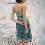Dusty Blue embroidered dress with flared skirt and indian inspired embrodiery design