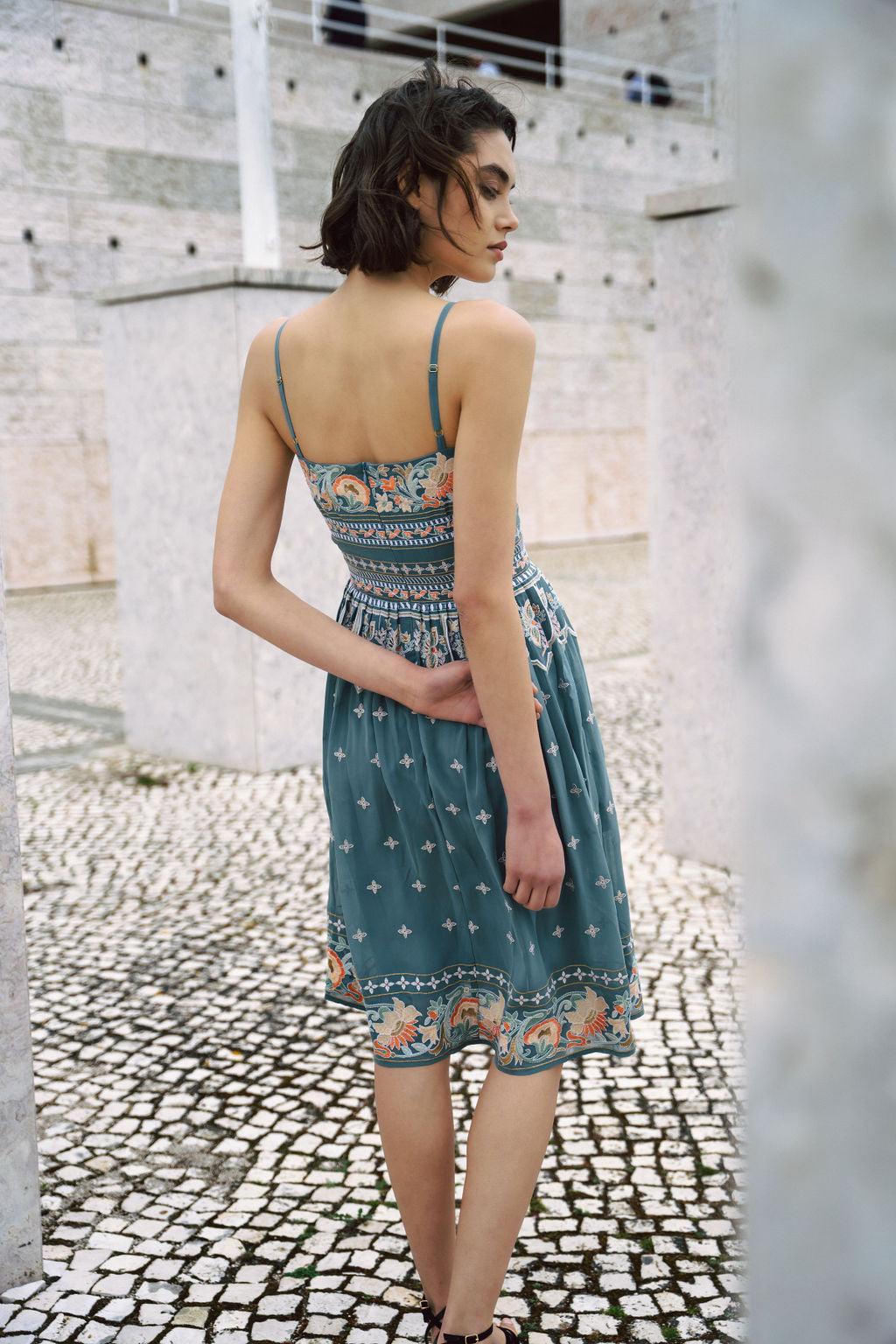 Dusty Blue embroidered dress with flared skirt and indian inspired embrodiery design