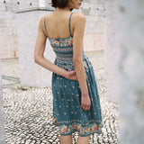 Dusty Blue embroidered dress with flared skirt and indian inspired embrodiery design