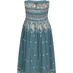 Dusty Blue embroidered dress with flared skirt and indian inspired embrodiery design