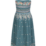 Dusty Blue embroidered dress with flared skirt and indian inspired embrodiery design