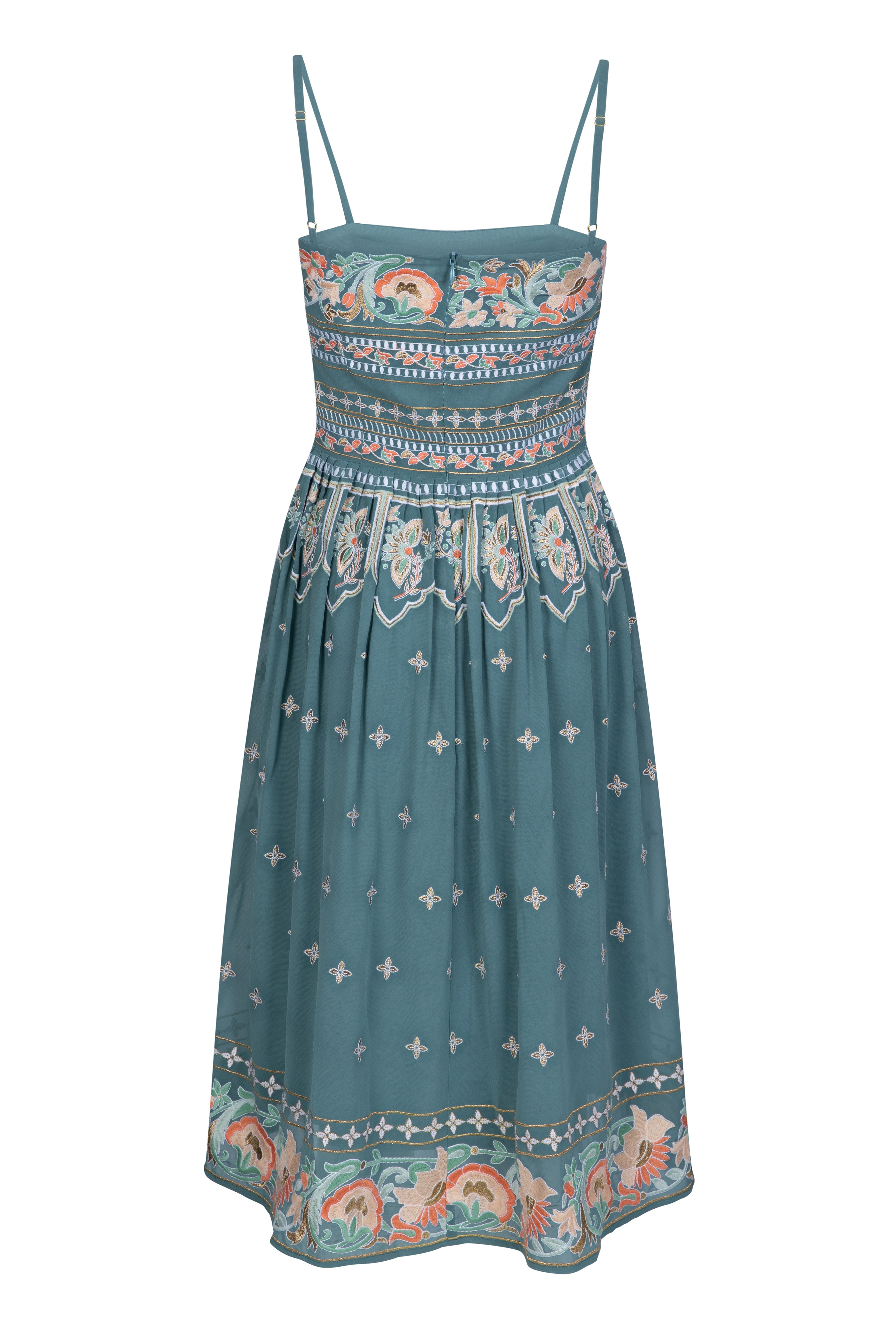 Dusty Blue embroidered dress with flared skirt and indian inspired embrodiery design