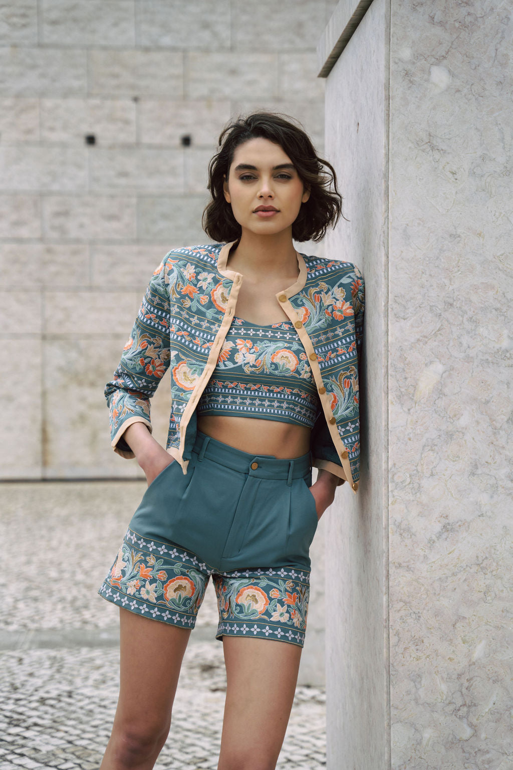 Amara Blue embrodiered shorts with indian inspired embroidery along the hem