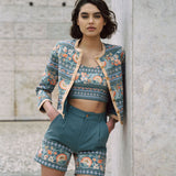 Amara Blue embrodiered shorts with indian inspired embroidery along the hem