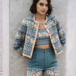 Amara blue fully embrodiered jacket with indian inspired embrodiery design