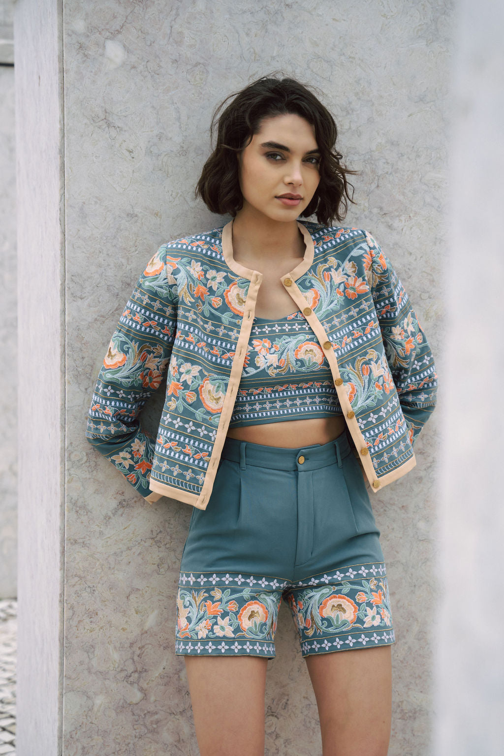 Amara blue fully embrodiered jacket with indian inspired embrodiery design