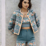 Amara blue fully embrodiered jacket with indian inspired embrodiery design