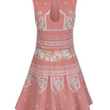 Dusty pink short dress with indian inspired embroidery and flared skrit