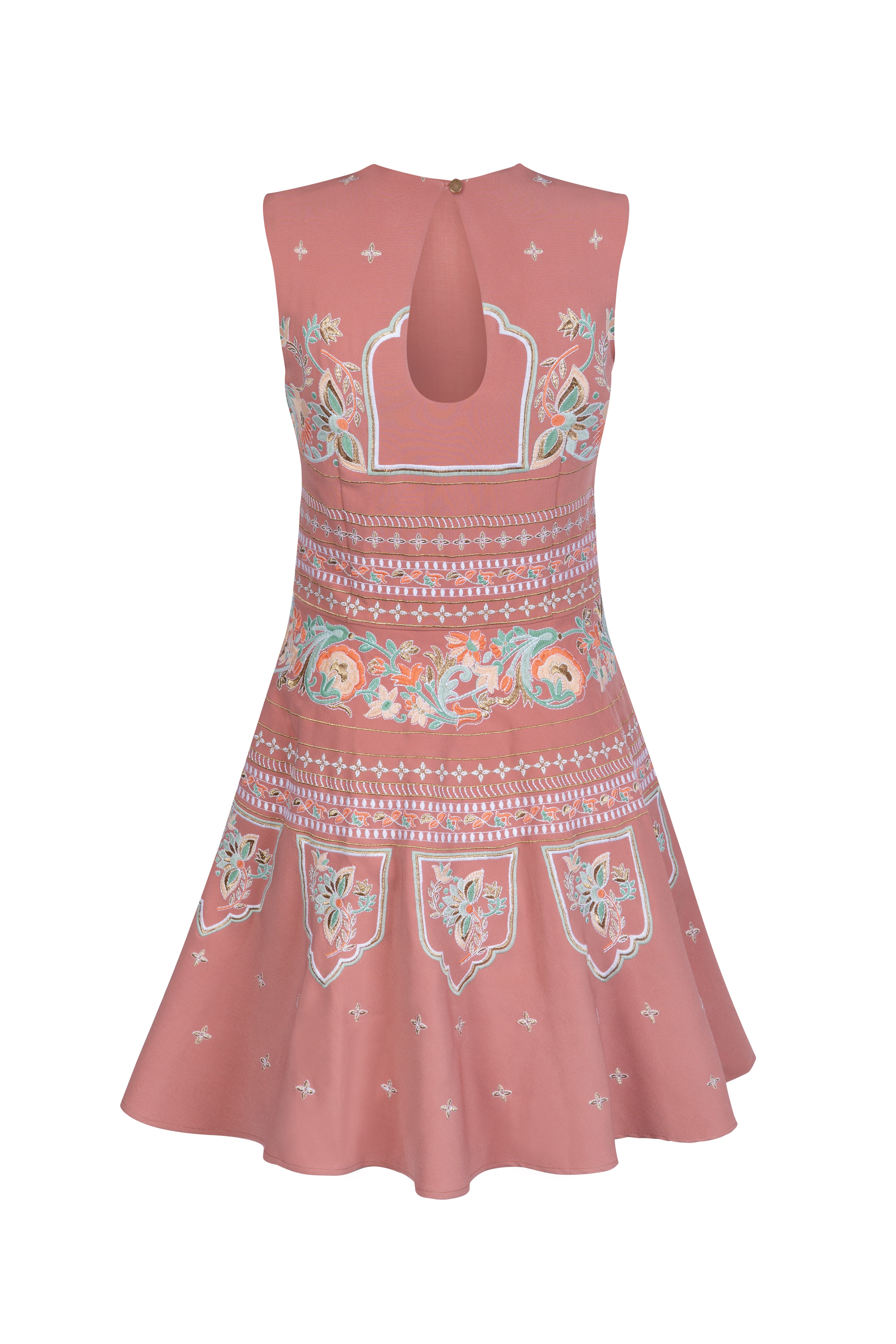Dusty pink short dress with indian inspired embroidery and flared skrit