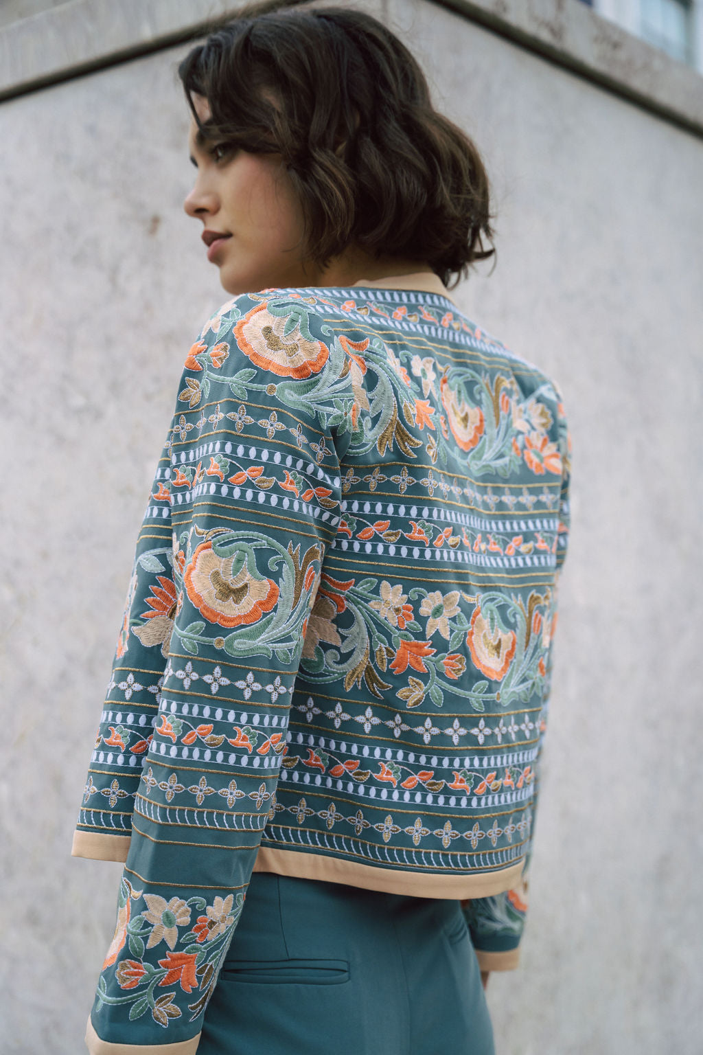 Amara blue fully embroidered jacket with indian inspired embroidery design