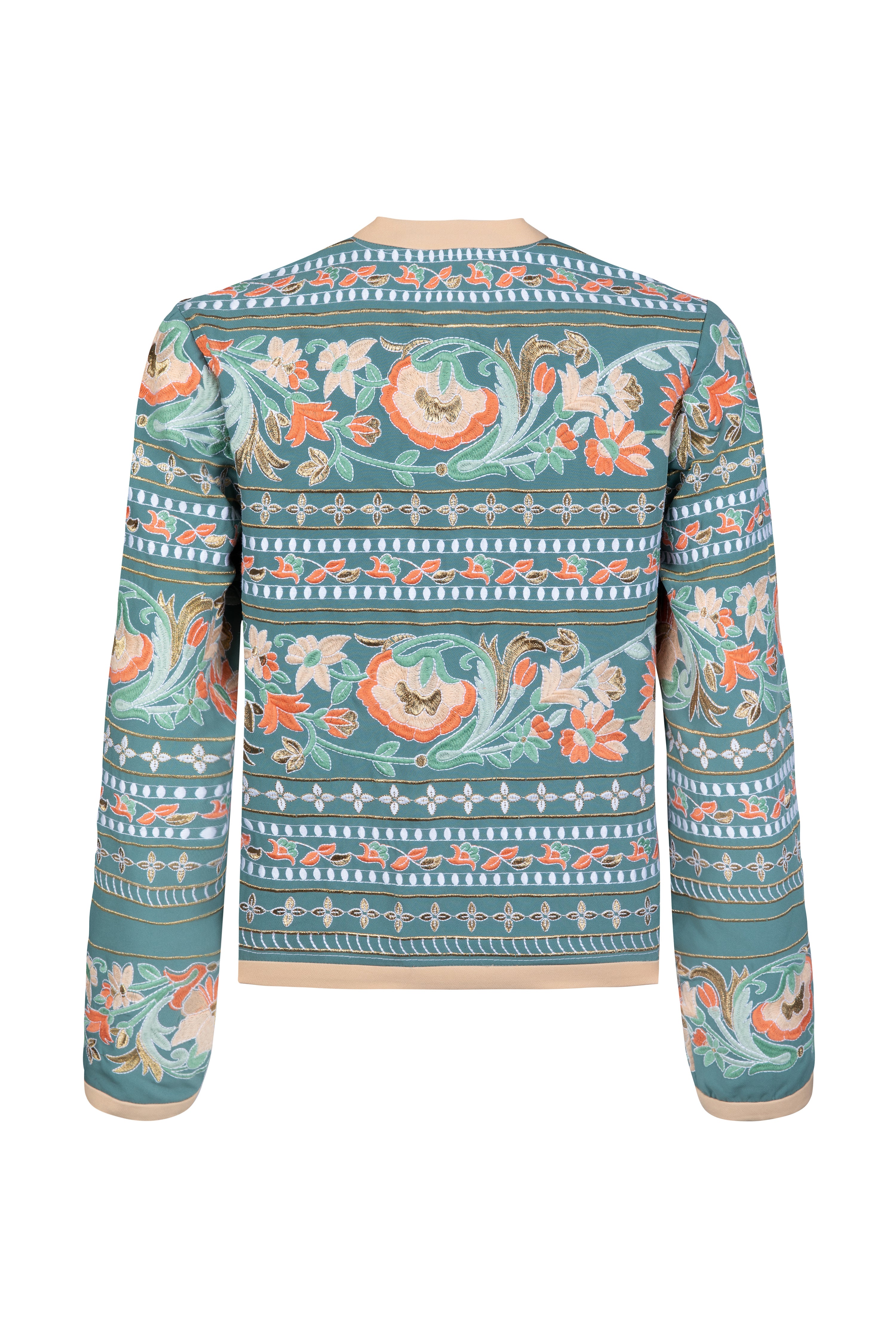 Amara blue fully embroidered jacket with indian inspired embroidery design