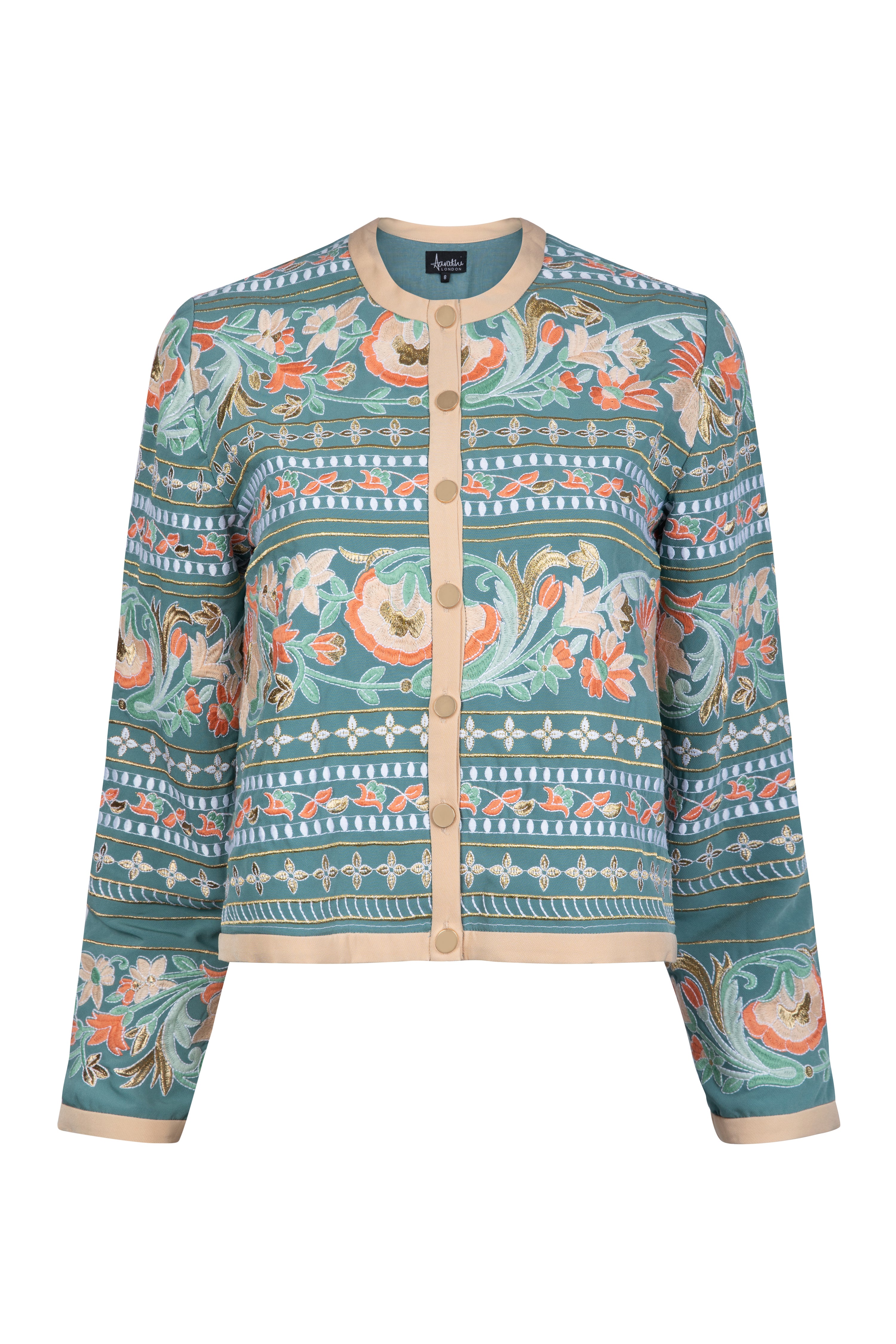 Amara blue fully embroidered jacket with indian inspired embroidery design