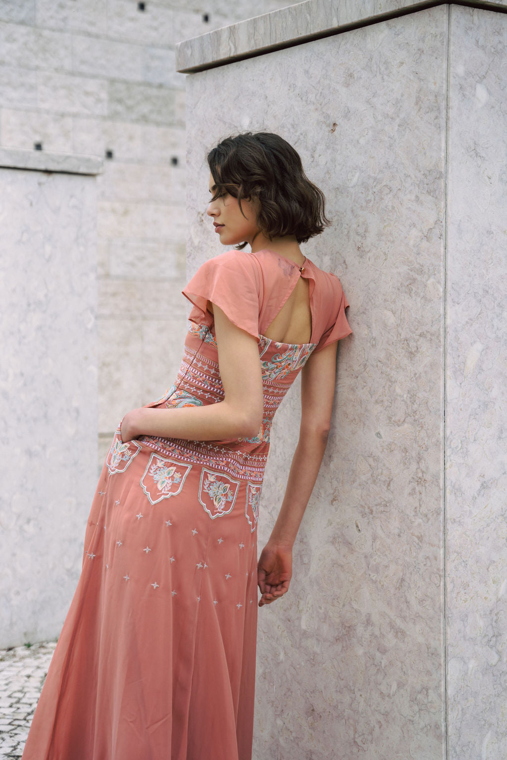 Dusty pink embroidered maxi dress with indian inspired embroidery design and butterfly sleeves