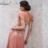 Dusty pink embroidered maxi dress with indian inspired embroidery design and butterfly sleeves