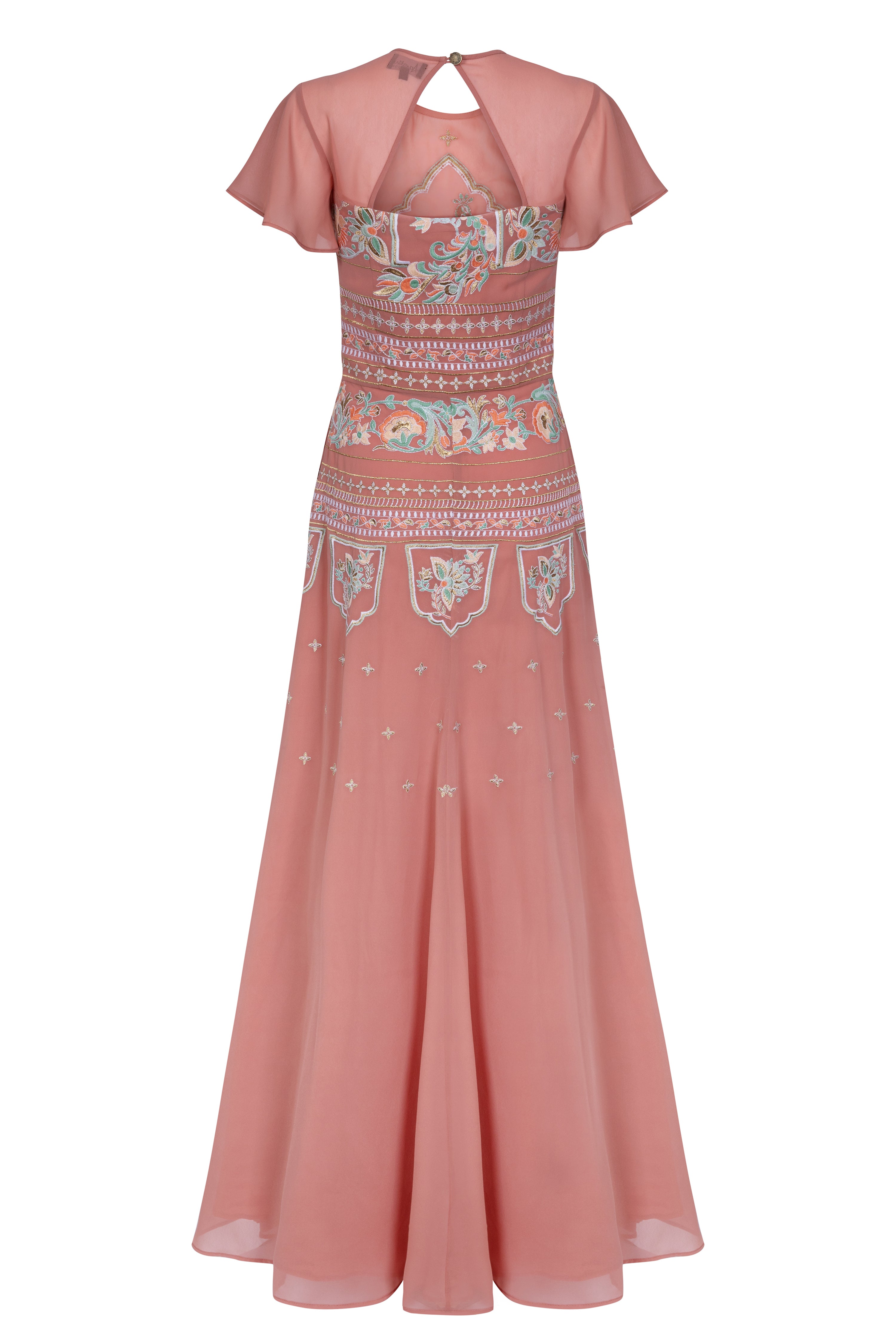 Dusty pink embroidered maxi dress with indian inspired embroidery design and butterfly sleeves