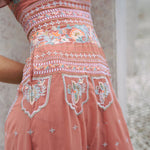 Dusty pink embroidered maxi dress with indian inspired embroidery design and butterfly sleeves