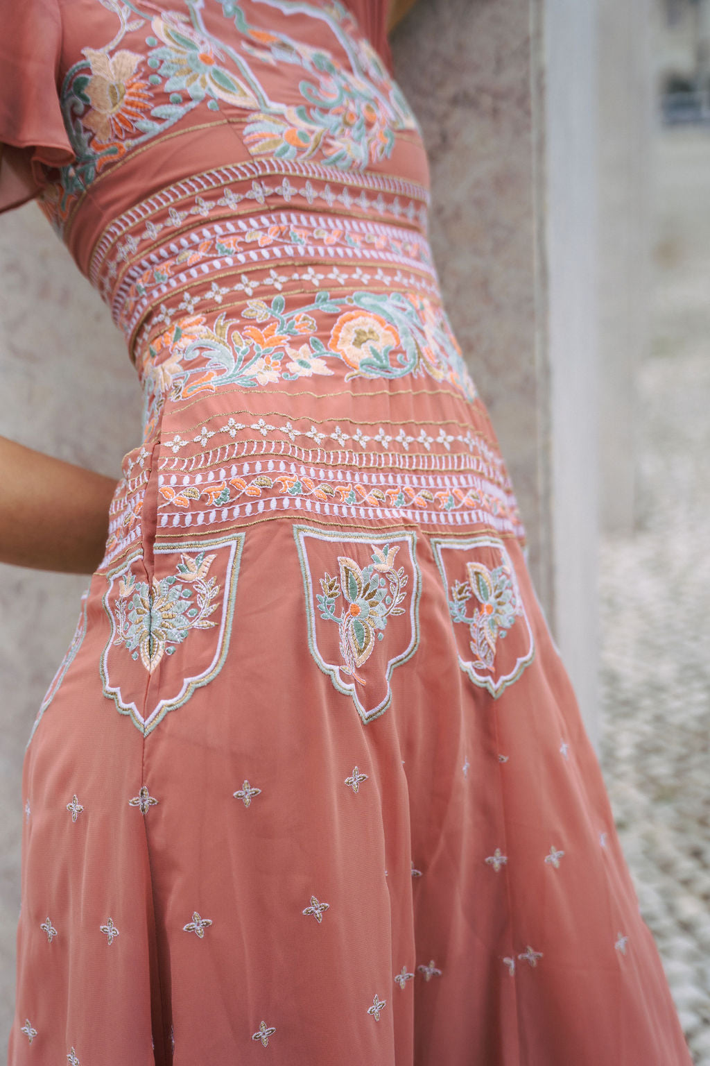Dusty pink embroidered maxi dress with indian inspired embroidery design and butterfly sleeves