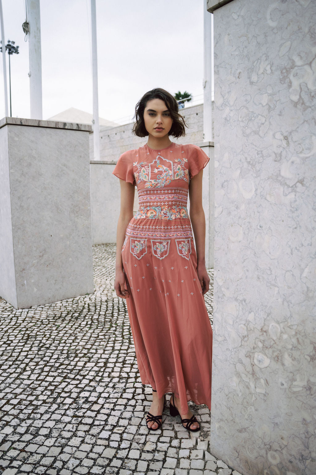 Dusty pink embroidered maxi dress with indian inspired embroidery design and butterfly sleeves