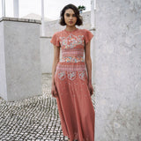 Dusty pink embroidered maxi dress with indian inspired embroidery design and butterfly sleeves
