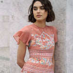 Dusty pink embroidered maxi dress with indian inspired embroidery design and butterfly sleeves