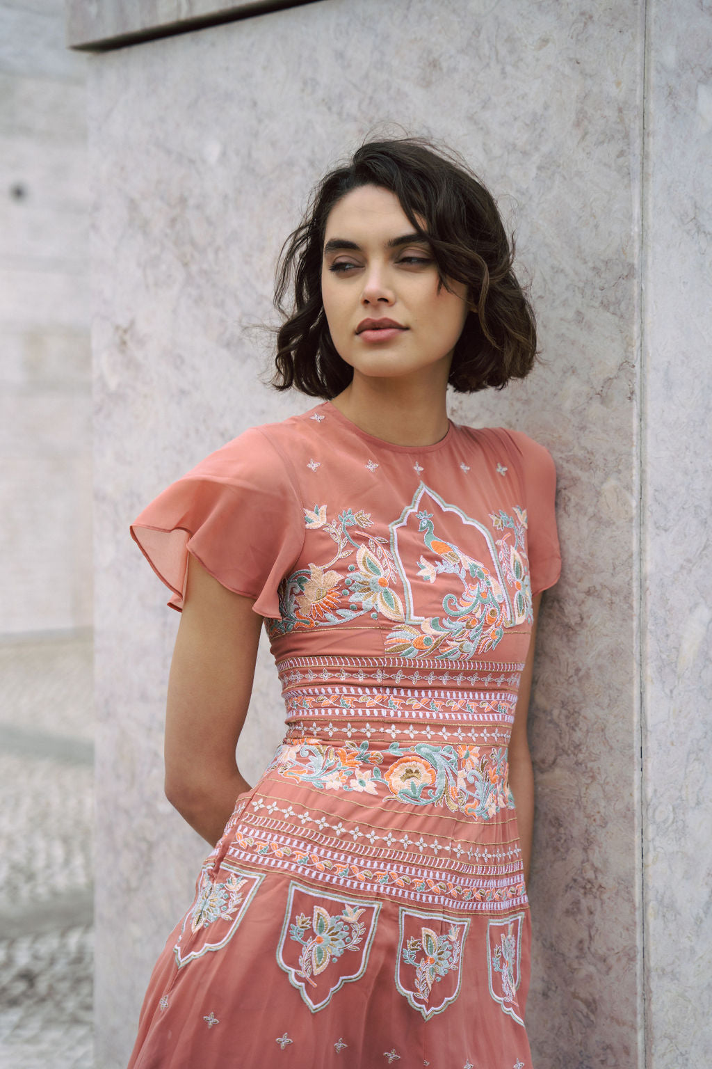 Dusty pink embroidered maxi dress with indian inspired embroidery design and butterfly sleeves