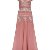 Dusty pink embroidered maxi dress with indian inspired embroidery design and butterfly sleeves