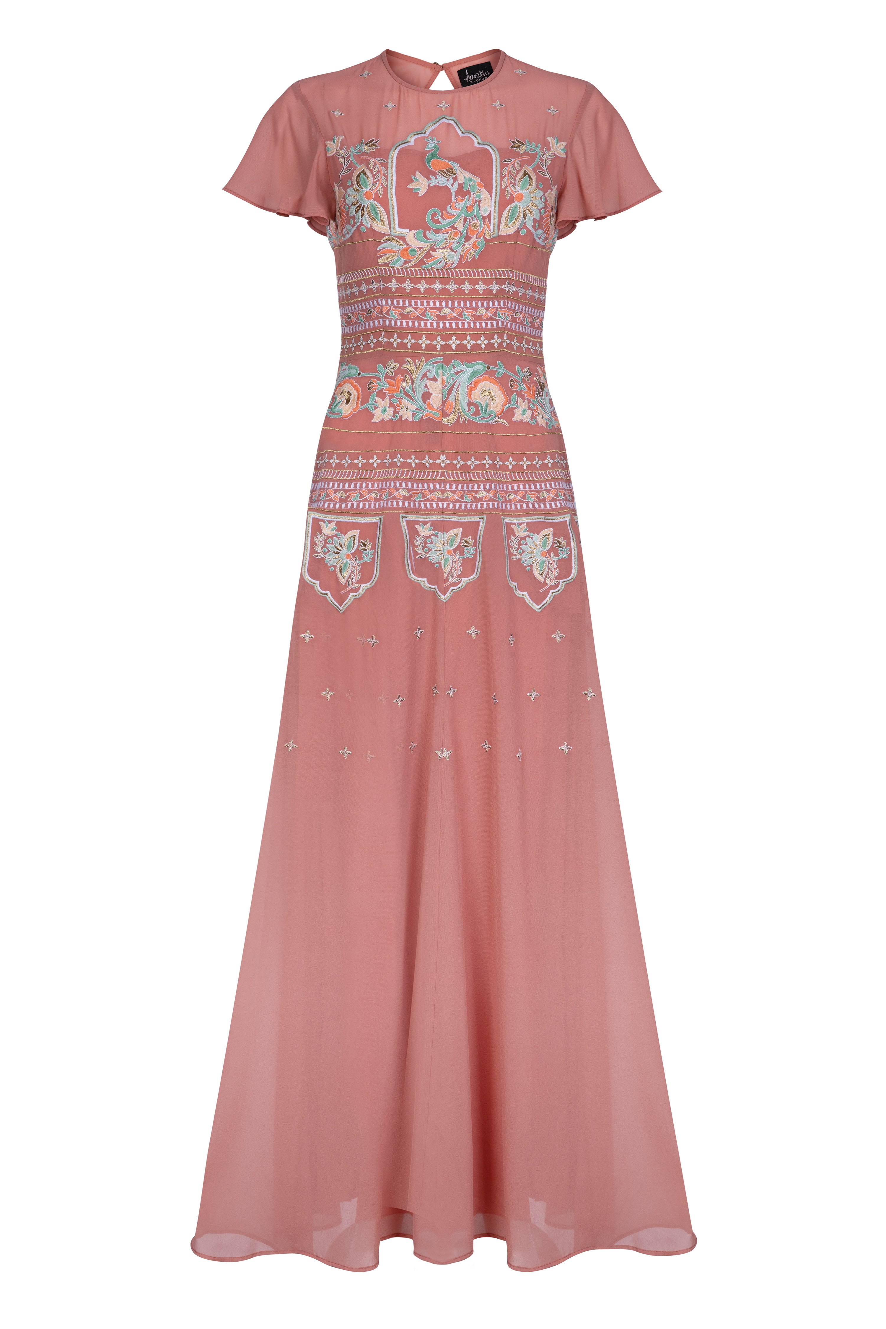 Dusty pink embroidered maxi dress with indian inspired embroidery design and butterfly sleeves