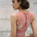 Dusty pink short dress with indian inspired embroidery and flared skrit