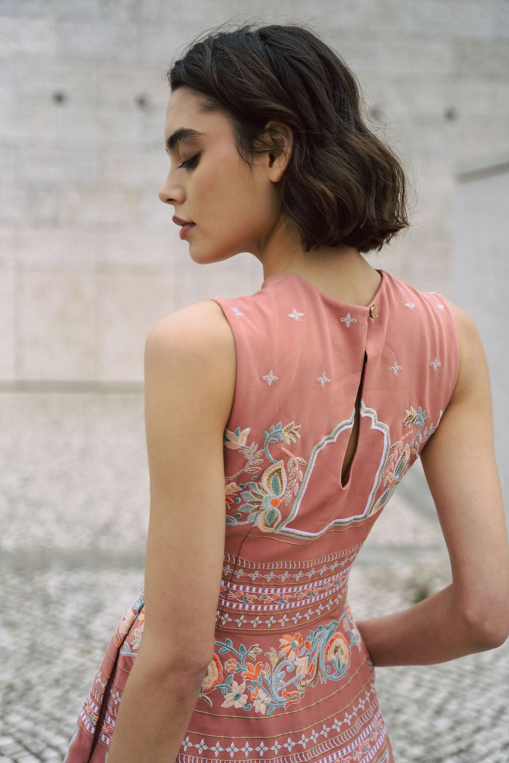 Dusty pink short dress with indian inspired embroidery and flared skrit