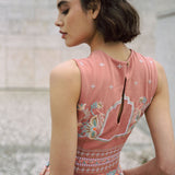 Dusty pink short dress with indian inspired embroidery and flared skrit
