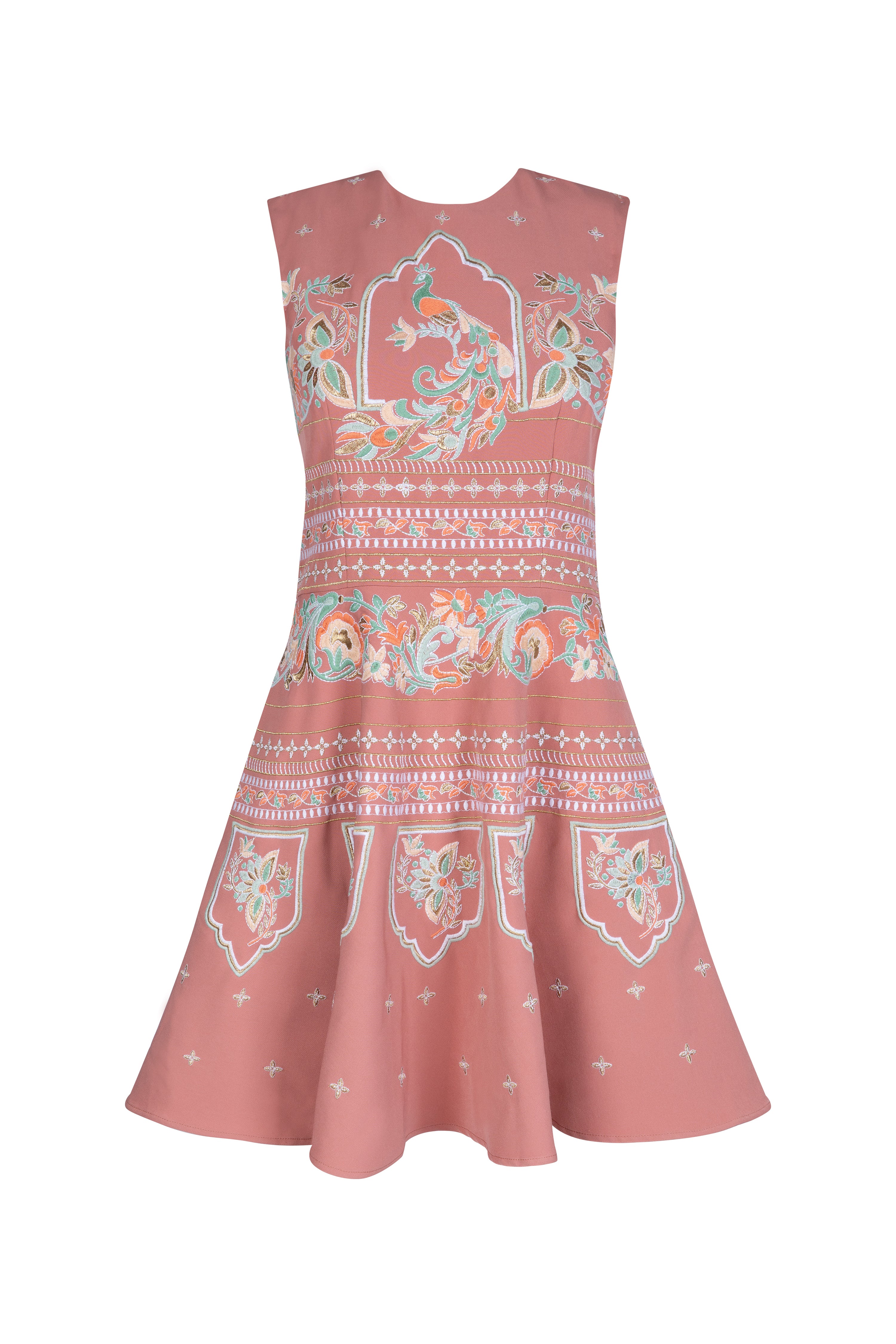 Dusty pink short dress with indian inspired embroidery and flared skrit