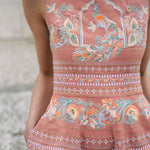 Dusty pink short dress with indian inspired embroidery and flared skrit