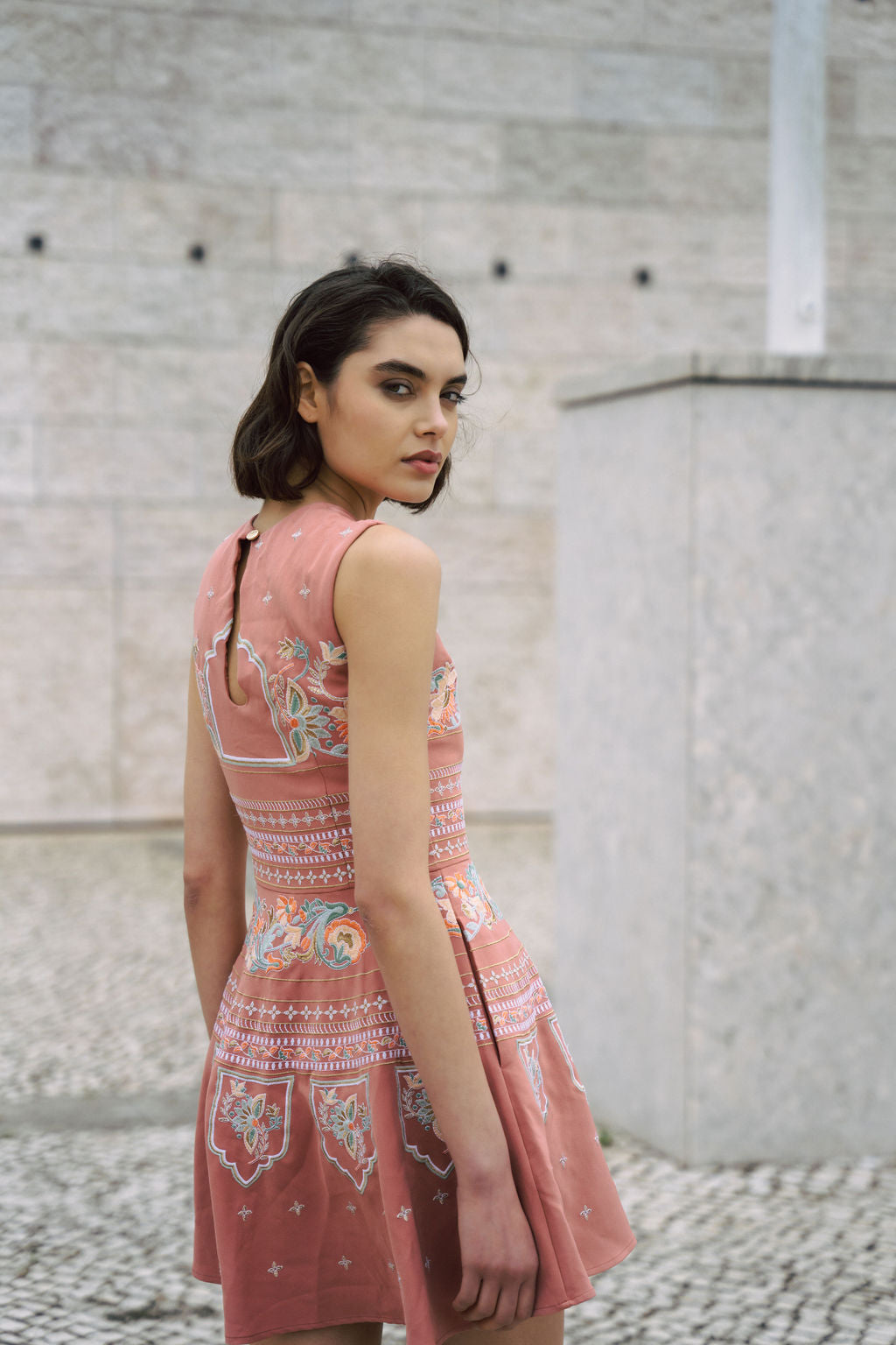 Dusty pink short dress with indian inspired embroidery and flared skrit