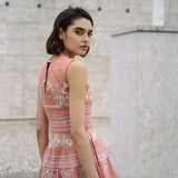 Dusty pink short dress with indian inspired embroidery and flared skrit